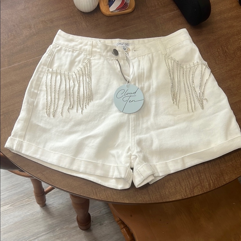 Women's White Denim Shorts with Rhinestone Detail